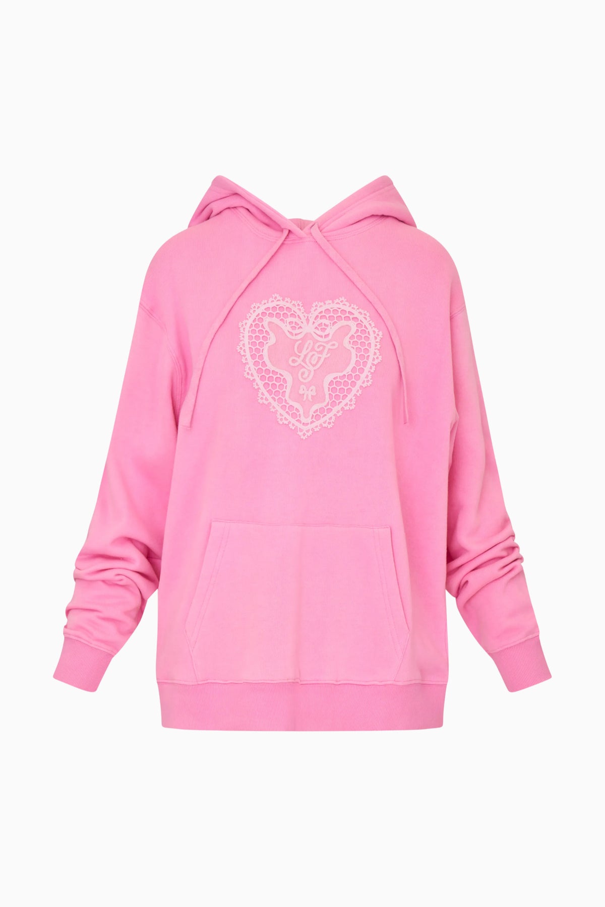 Pink fleece hoodie with heart lace-style applique, hood drawstrings, kangaroo pocket