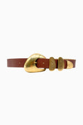 Cognac leather belt with oval gold buckle and engraved center detail