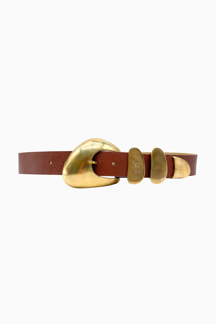 Cognac leather belt with oval gold buckle and engraved center detail