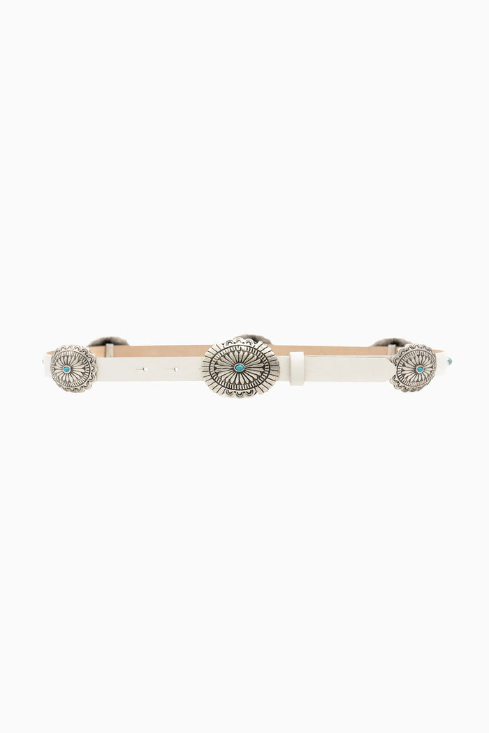 Bone concho belt with three silver-toned round conchos