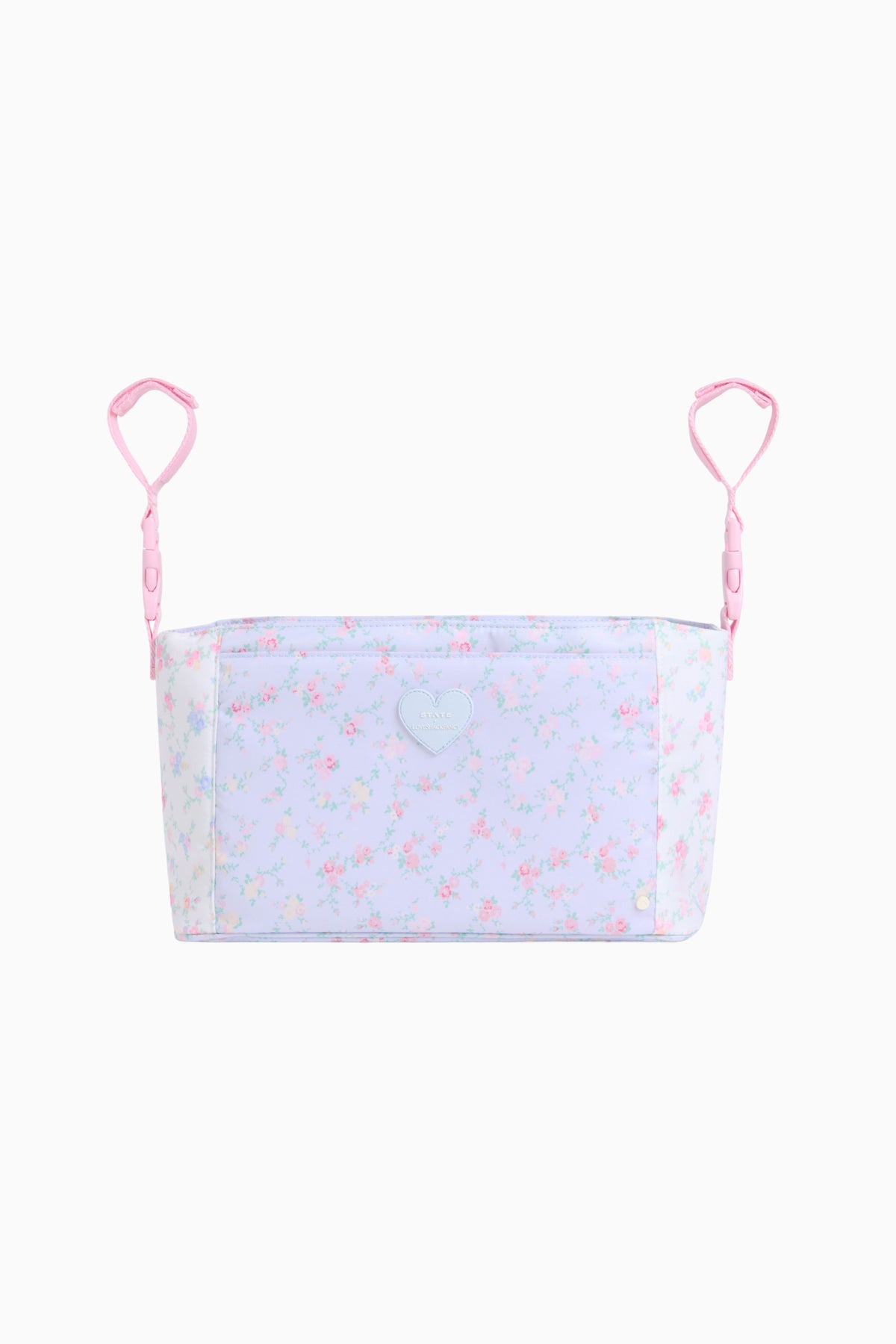 Floral stroller organizer bag with pink top straps and open front panel