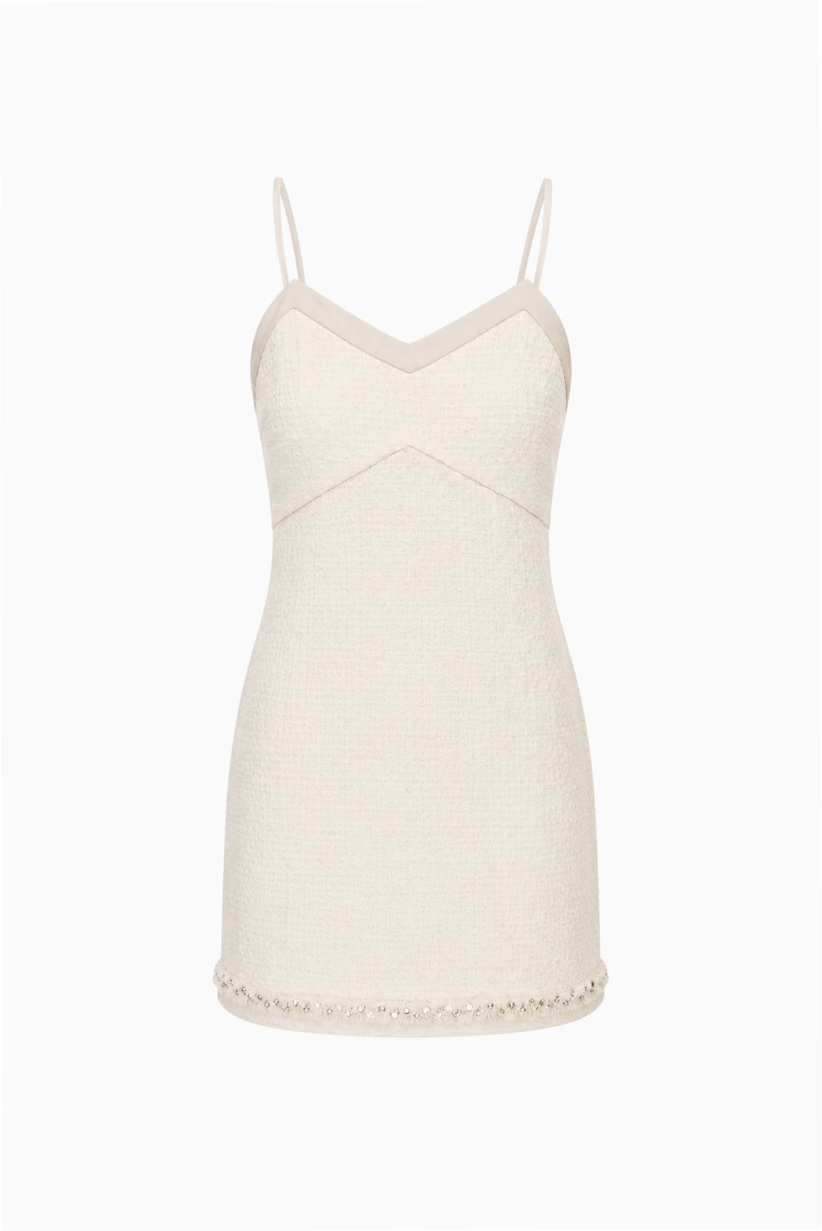Ivory tweed slip dress with spaghetti straps and scalloped embellished hem