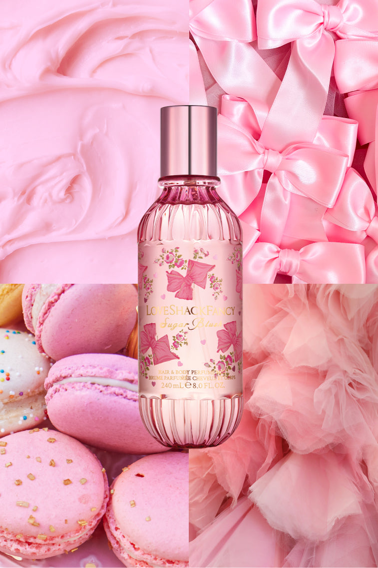 Pink hair and body perfume mist bottle with metallic silver cap, front view