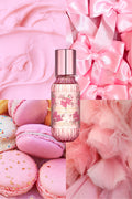 Mini hair and body mist bottle with pink floral label and rose-gold cap