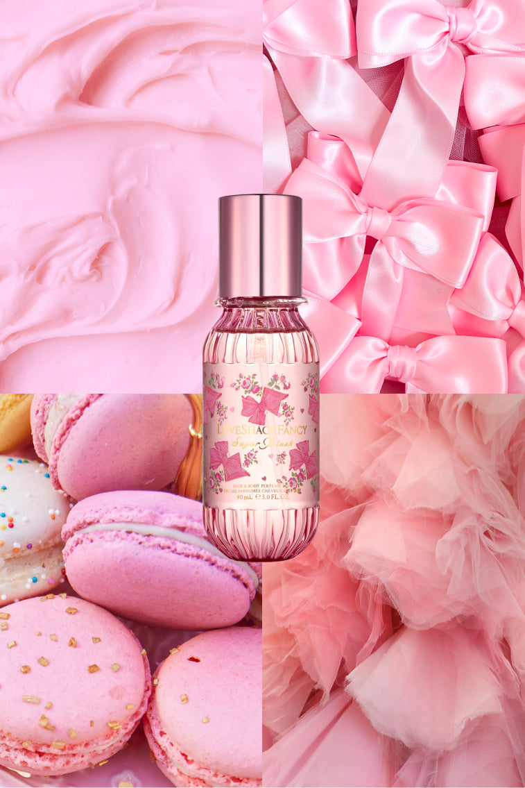 Mini hair and body mist bottle with pink floral label and rose-gold cap
