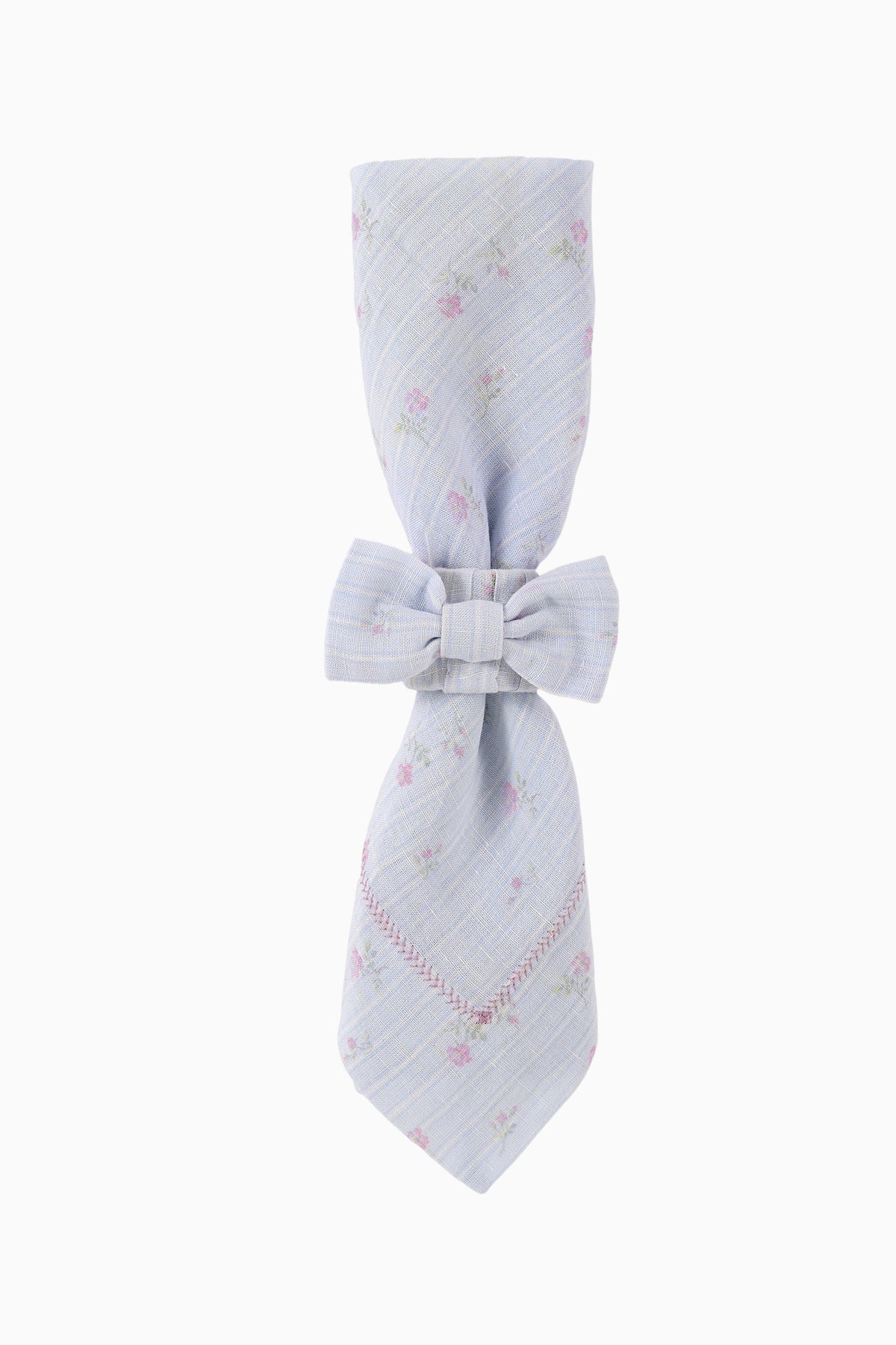 Light blue printed fabric napkin ring with bow and folded tail
