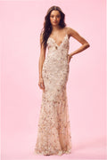 Innes sequin lace gown in sunglow sand, spaghetti straps, fitted mermaid silhouette.