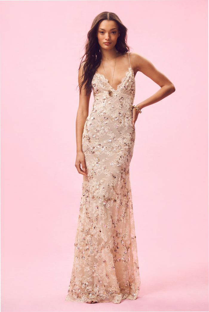 Innes sequin lace gown in sunglow sand, spaghetti straps, fitted mermaid silhouette.
