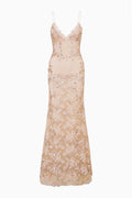 Sequin lace slip gown in sunglow sand with spaghetti straps and straight neckline.