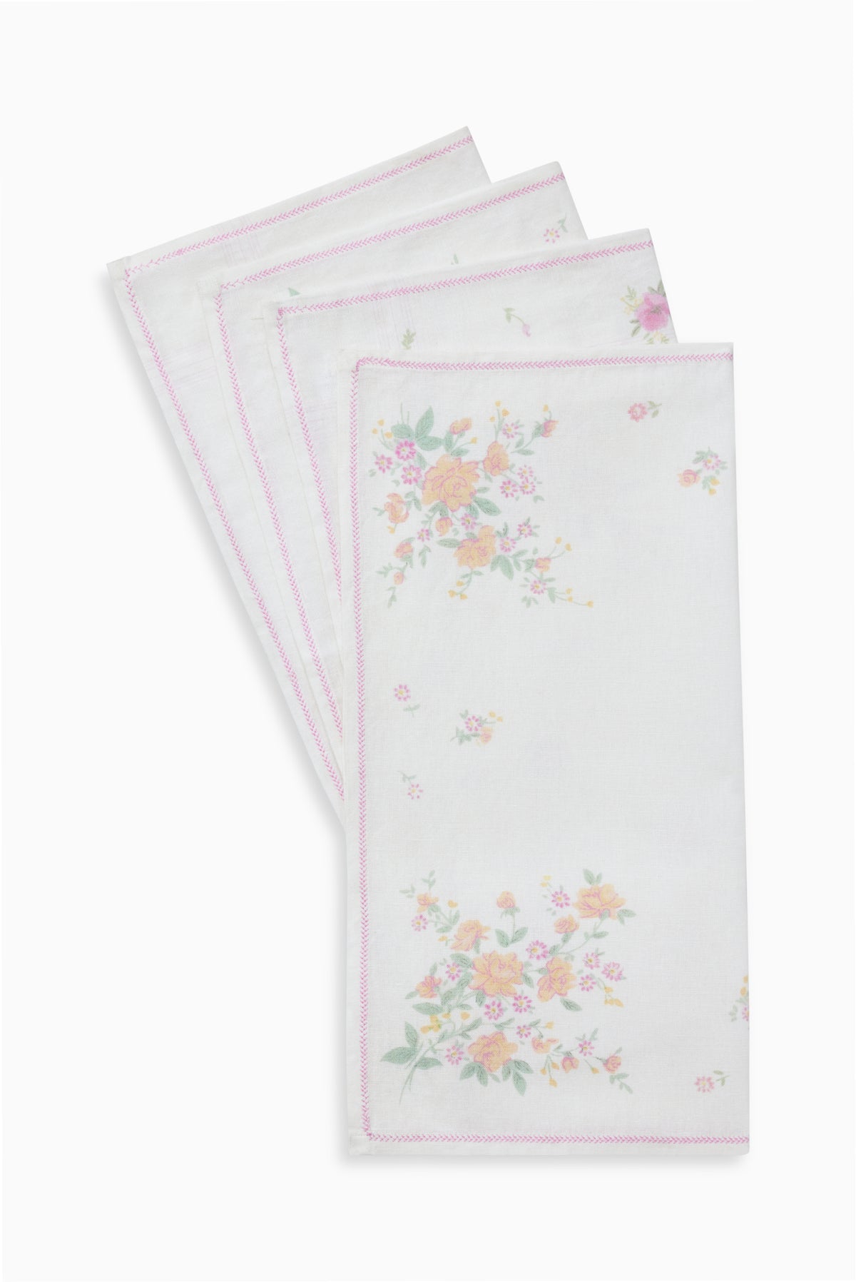 Floral hanky napkin set of 4, white with pastel pink and yellow flower print, pink edging