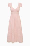 Pink midi dress with V-neck lace bodice, short puff sleeves, gathered tiered skirt