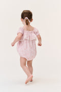 Baby ditsy floral pinafore romper, light pink, ruffled back yoke and flutter straps
