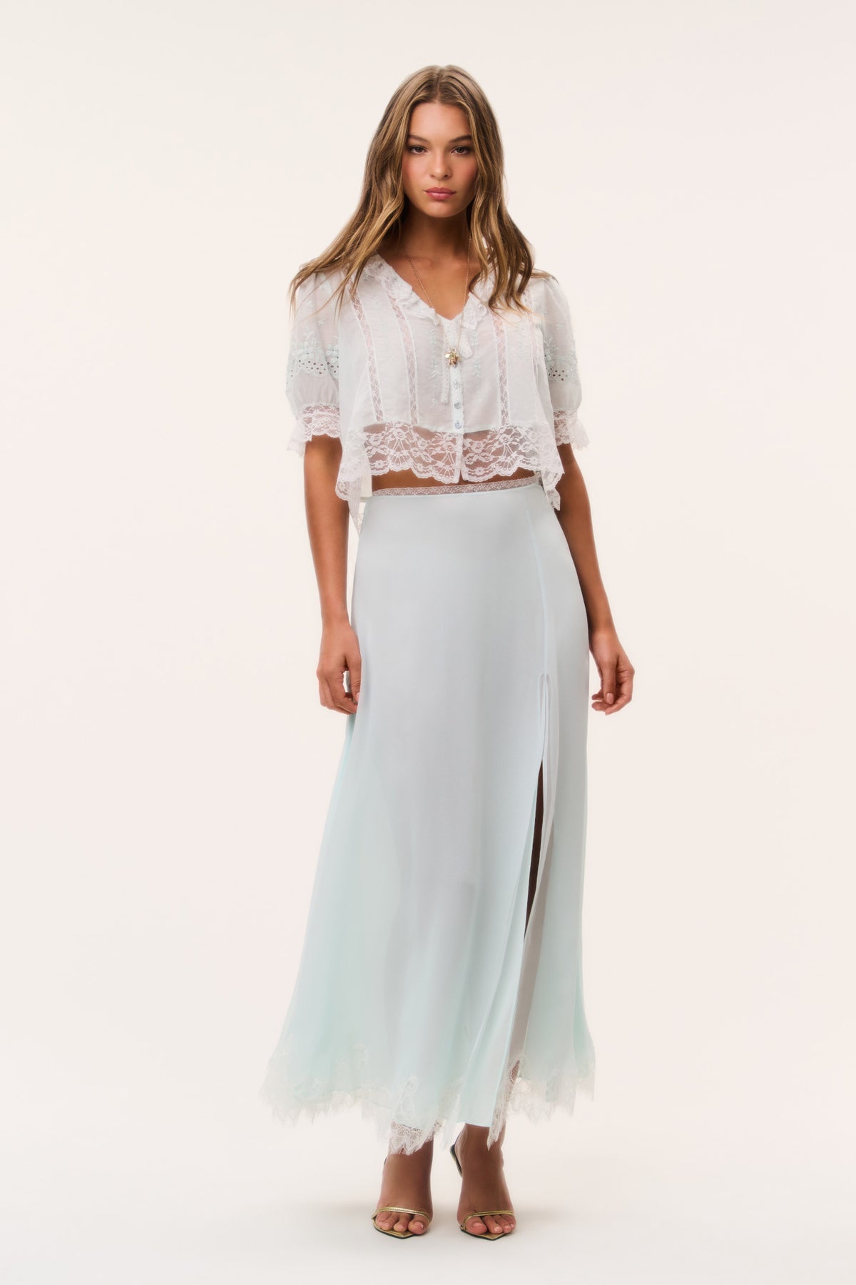 Silk chiffon maxi skirt in pale eau de nil with lace-trim hem and front slit