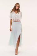 Silk chiffon maxi skirt in pale eau de nil with front slit and lace-trim hem