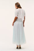 Silk chiffon maxi skirt back view in pale eau de nil with lace-trim hem
