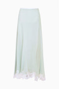 Silk chiffon maxi skirt flat lay in pale eau de nil with lace-trimmed hem
