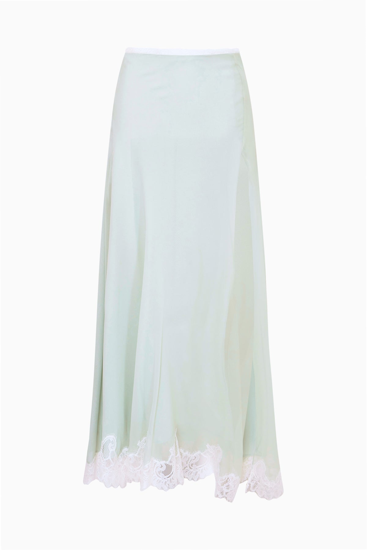Silk chiffon maxi skirt flat lay in pale eau de nil with lace-trimmed hem
