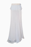Light blue and white striped chiffon maxi skirt with ruffle waist and draped tie