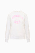 Light crewneck pullover sweatshirt with pink golf club graphic on chest
