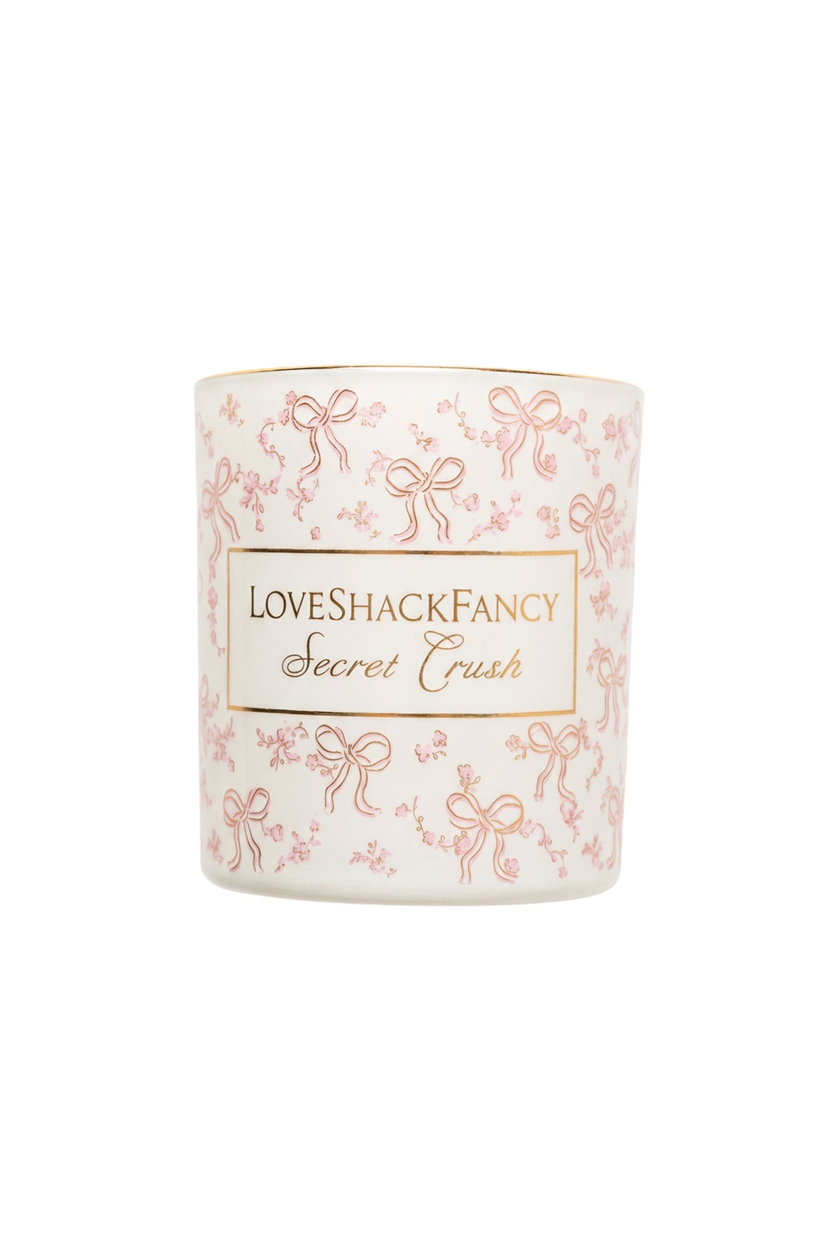 Scented candle in white jar with pink bow pattern and “Secret Crush” label