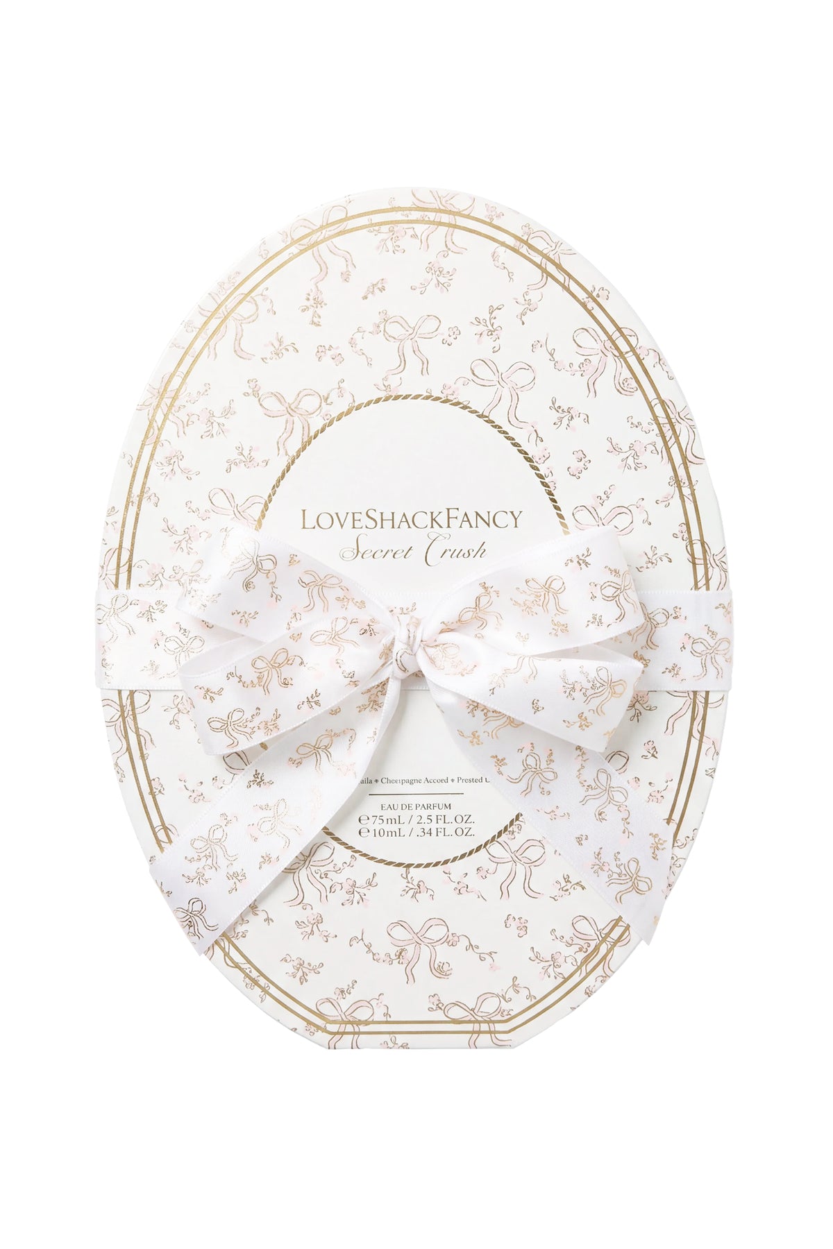Oval cream vanity set container with gold-trimmed bow motif