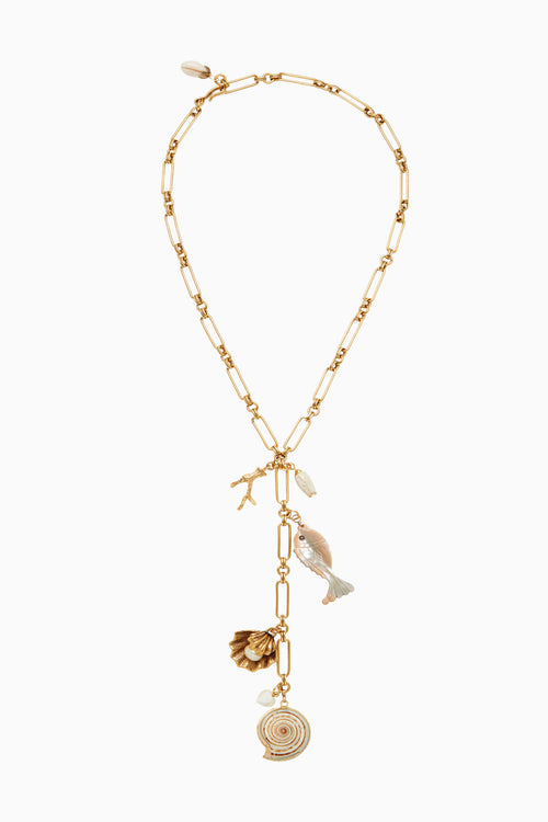Gold Y necklace with bead chain and seashell, fish, and coin-style pendants