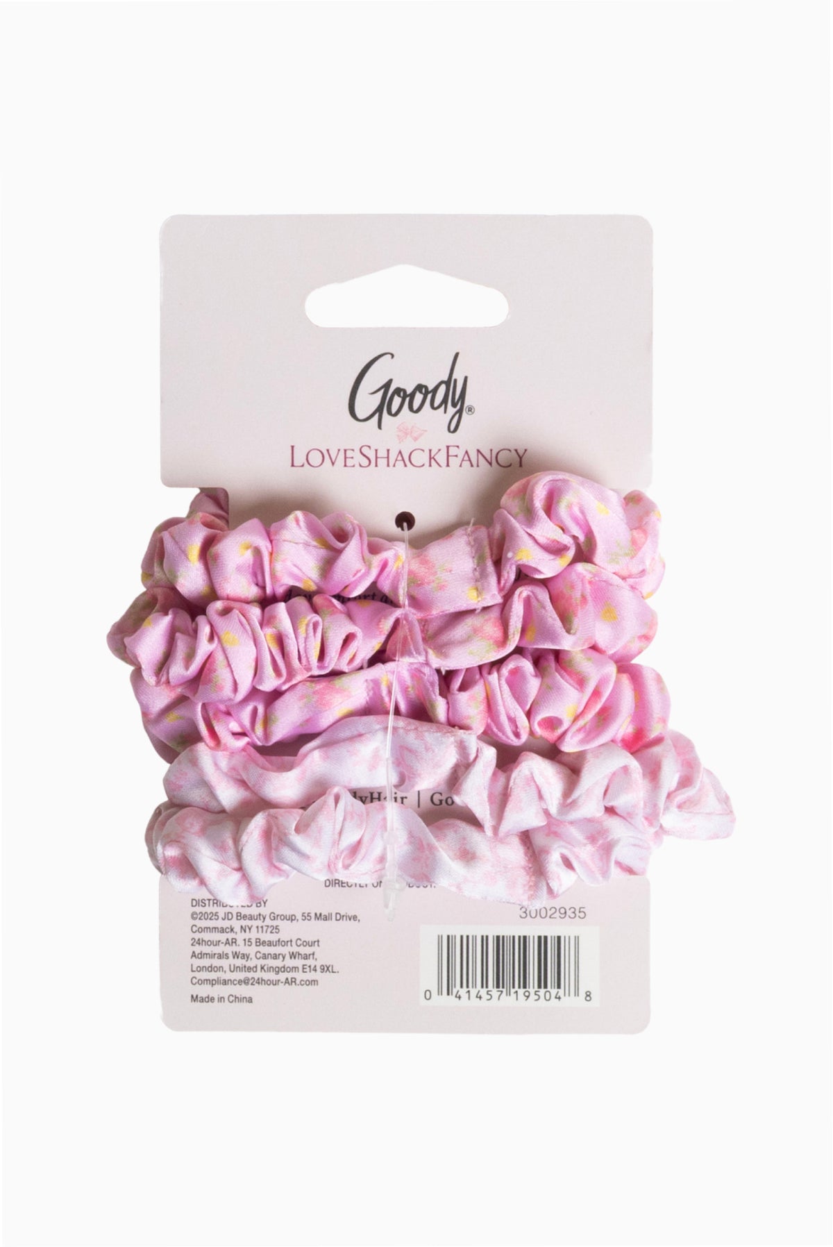 Satin scrunchie set of 5 in pink, ruffled hair ties on display card