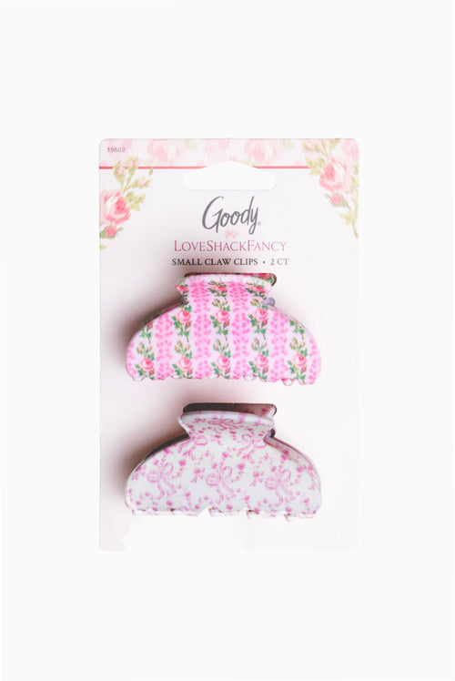 Small claw clip set of 2, pink floral fabric bows with textured grip