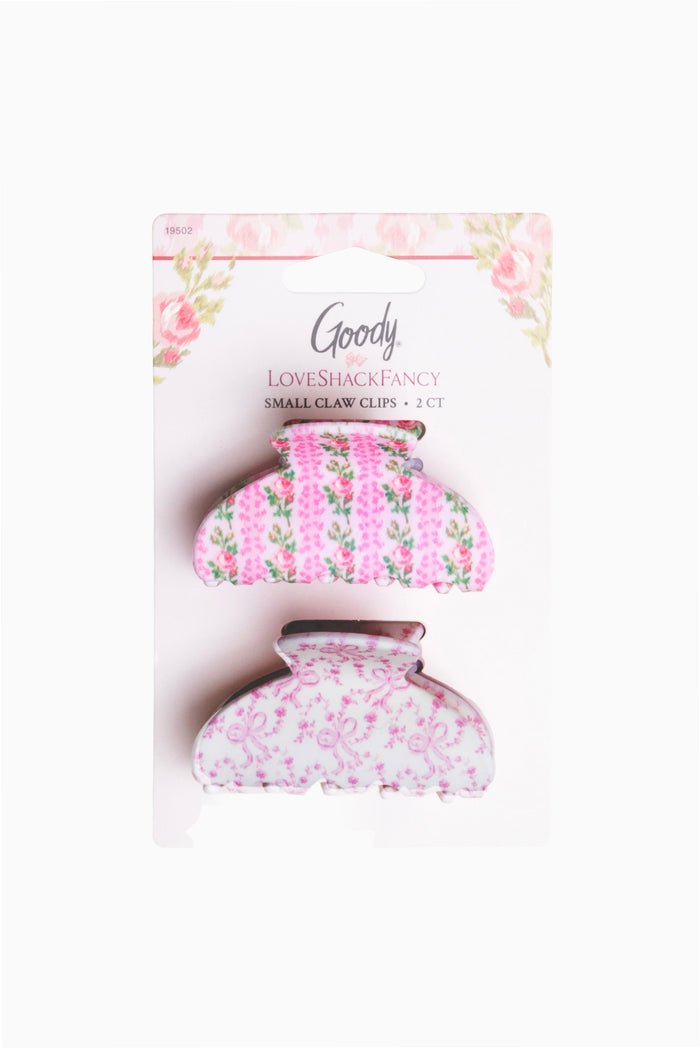 Small claw clip set of 2, pink floral fabric bows with textured grip
