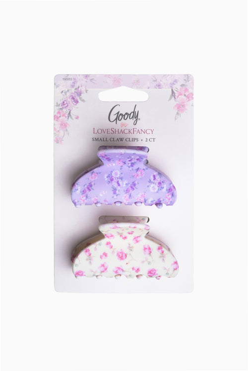 Set of two small claw hair clips in purple and pink floral designs