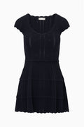 Dark navy pointelle knit mini dress with short sleeves and tiered hem
