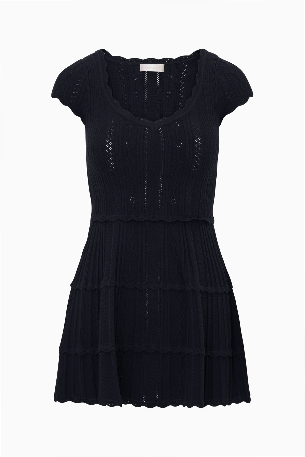 Dark navy pointelle knit mini dress with short sleeves and tiered hem