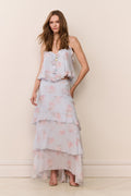 Light blue floral chiffon maxi skirt with pink print and multiple tiered ruffle layers