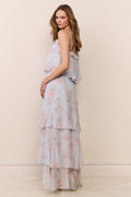 Light blue floral chiffon maxi skirt with pink print and layered ruffle tiers