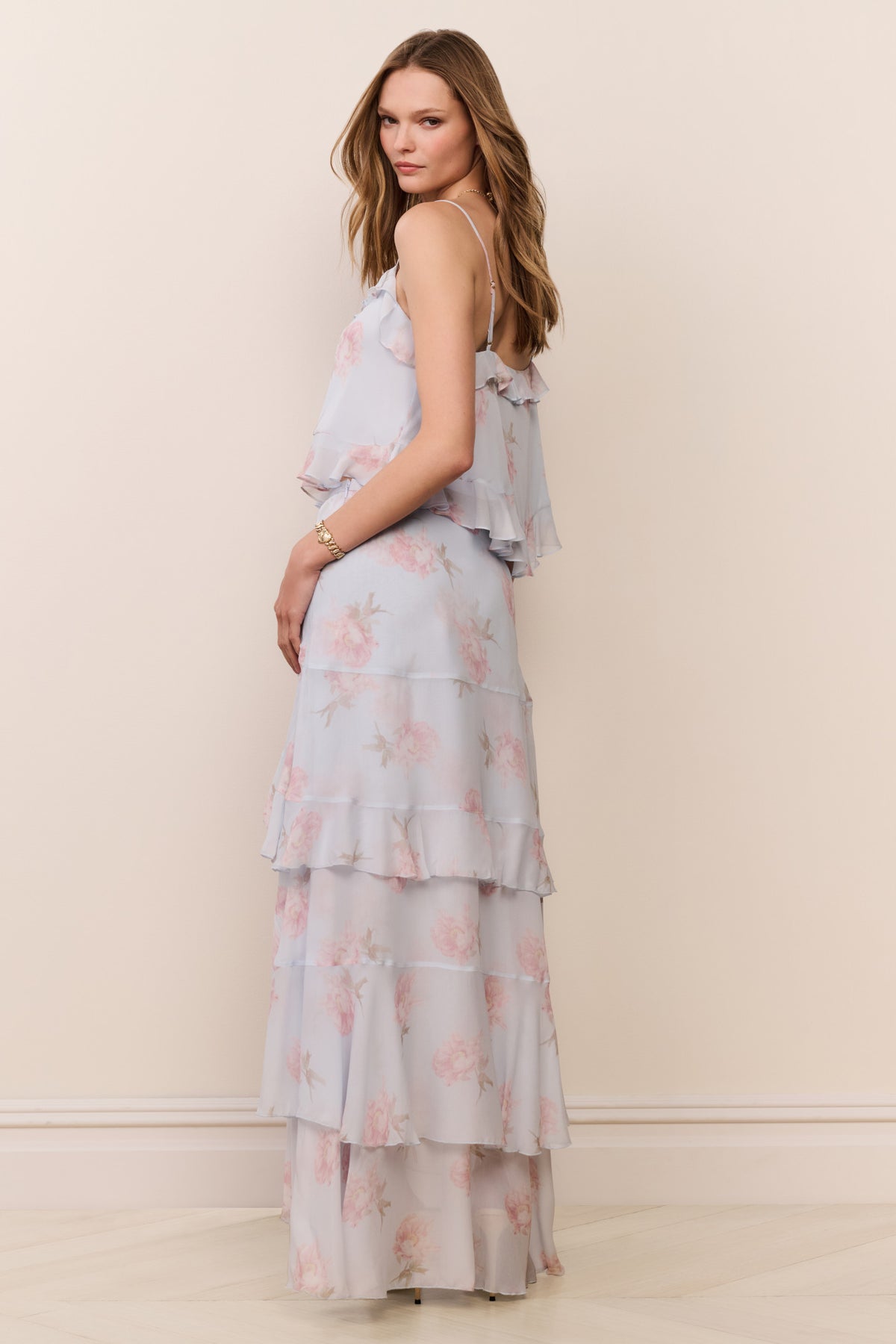 Light blue floral chiffon maxi skirt with pink print and layered ruffle tiers