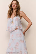 Light blue floral chiffon ruffle cami top with tiered ruffle hem