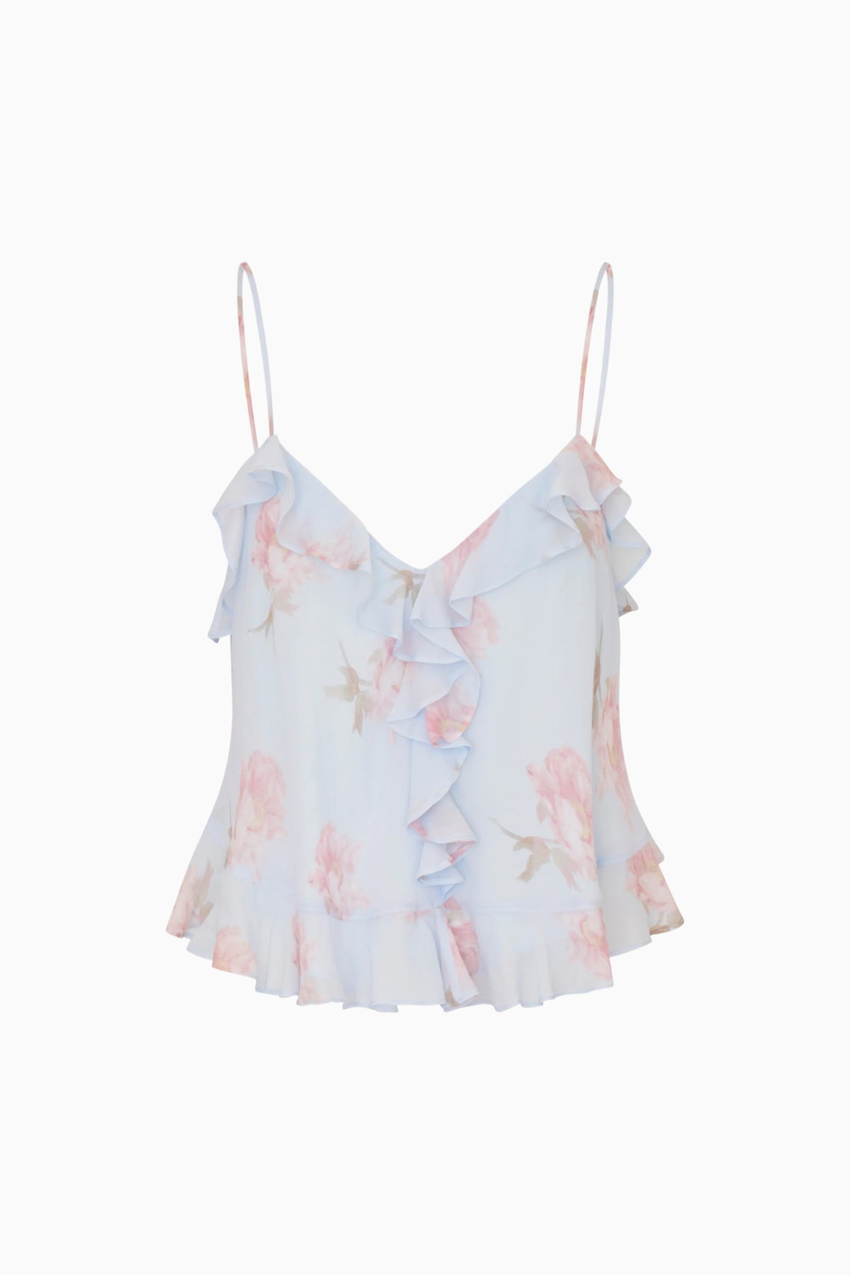 Light blue floral chiffon ruffle camisole top with spaghetti straps