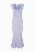 Light lavender stretch pointelle midi dress with scoop neck and cap sleeves
