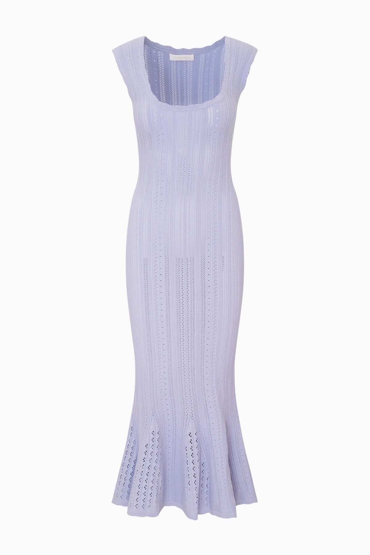 Light lavender stretch pointelle midi dress with scoop neck and cap sleeves