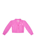 Girls pink alpaca bow button cardigan, knit V-neck with bow at chest