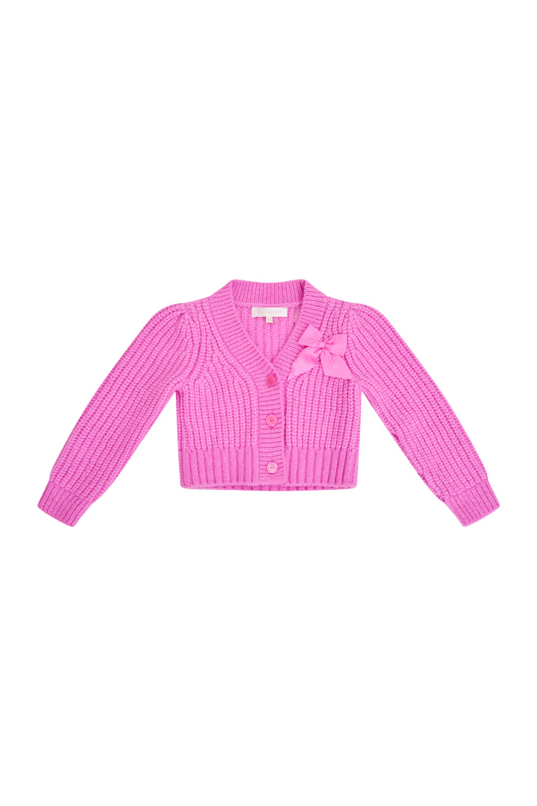 Girls pink alpaca bow button cardigan, knit V-neck with bow at chest