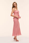 Blush pink silk Swiss dot midi skirt with front ruffle and bow detail