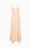 Floral print lace-trimmed silk slip dress with spaghetti straps and bow front