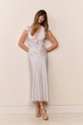 Light blue floral maxi dress with V-neck, cap sleeves, and scalloped lace hem