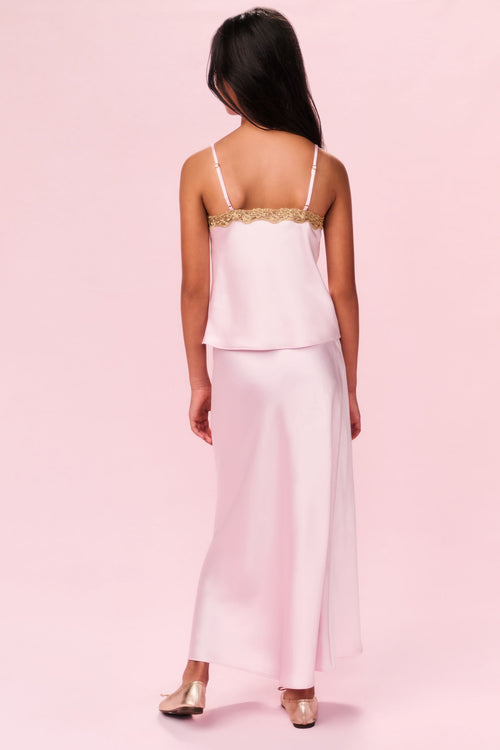 Tween satin maxi skirt in gentle rose pink, back view with long straight hem.