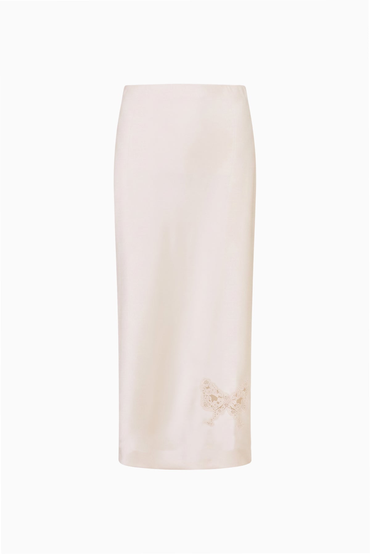 Ivory crepe maxi skirt with lace applique detail at lower front