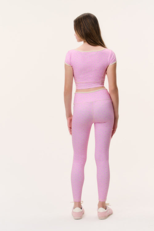 Light pink tween active top, short sleeves and back view with scoop neckline