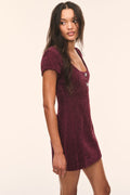 Bordeaux tweed mini dress with scoop neck and short sleeves, button front