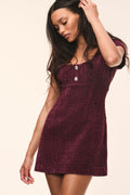 Bordeaux tweed mini dress with scoop neckline and front button detail