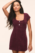Bordeaux tweed mini dress with short sleeves and scoop neck, fitted mini length